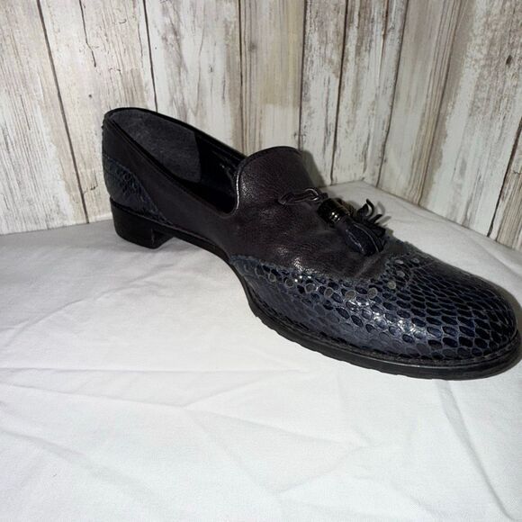 Stuart Weitzman Genuine Leather & Python Embossed Tassel Loafers | Navy Gray Sli - Picture 6 of 16
